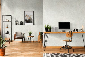 Patterned,Posters,Above,Desk,With,Computer,Monitor,In,Grey,Home