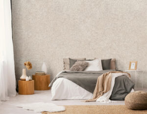 Flowers,On,Wooden,Stool,And,Pouf,In,White,Bedroom,Interior
